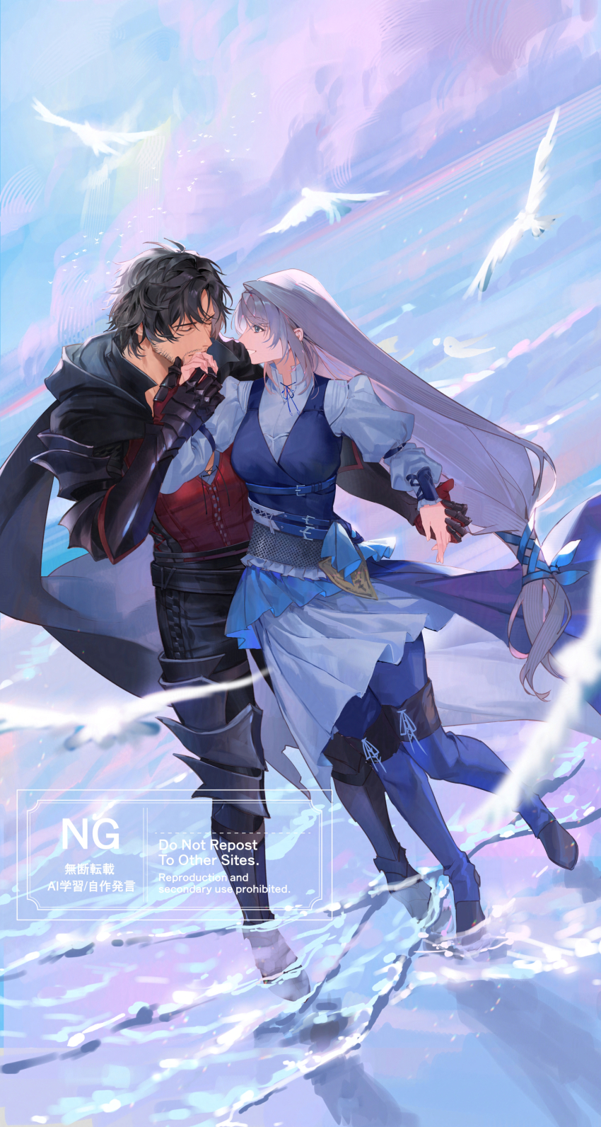 1boy 1girl absurdres armored_boots armored_gloves bird black_cloak black_hair black_jacket black_pants blue_footwear blue_pants blue_ribbon blue_skirt blue_vest boots breasts clive_rosfield cloak closed_eyes couple dove facial_hair final_fantasy final_fantasy_xvi full_body grey_hair hair_between_eyes hair_ribbon hetero highres holding_hands jacket jill_warrick juliet_sleeves kiss kissing_hand long_hair long_sleeves looking_at_another low-tied_long_hair medium_breasts pants parted_lips puffy_sleeves red_vest ribbon shirt skirt smile stubble tk_(tksnim) vest wading white_shirt white_skirt
