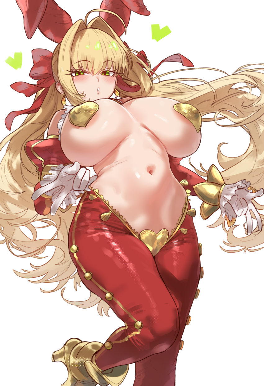 1girl absurdres ahoge animal_ears areola_slip blonde_hair blush breasts covered_erect_nipples crotchless crotchless_pantyhose curvy detached_sleeves earrings ebora fake_animal_ears fate/grand_order fate_(series) gloves gold_trim green_eyes hair_intakes hair_ribbon heart_maebari heart_pasties high_heels highres huge_breasts jewelry large_breasts long_hair looking_at_viewer maebari meme_attire navel nero_claudius_(fate) nero_claudius_(fate/extra) non-web_source pantyhose pasties rabbit_ears red_pantyhose red_ribbon red_sleeves revealing_clothes reverse_bunnysuit reverse_outfit ribbon solo stomach thighs twintails underboob v white_gloves wide_hips