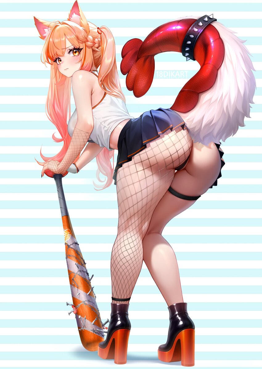 18dikart 1girl absurdres animal_ears antenna_hair ass baseball_bat black_panties blonde_hair blush breasts cat_ears commentary ebiko_(vtuber) english_commentary fishnet_gloves fishnets from_behind gloves highres indie_virtual_youtuber large_breasts long_hair looking_at_viewer nail_(hardware) nail_bat orange_eyes panties platform_heels pleated_skirt second-party_source shirt shrimp_tail single_fishnet_armwear single_fishnet_legwear single_leg_pantyhose skirt solo spiked_belt tail_belt twintails underwear virtual_youtuber white_shirt