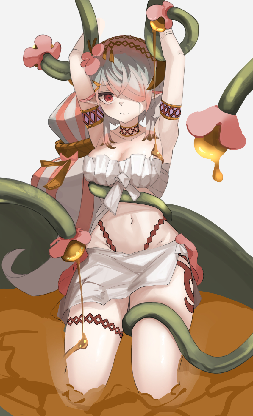 1girl absurdres armpits arms_up breasts bridal_gauntlets choker cleavage closed_mouth collarbone crop_top detached_sleeves duel_monster flower frilled_tube_top frills front-tie_top hair_flower hair_ornament hair_over_one_eye highres kneeling leg_wrap looking_at_viewer multicolored_hair navel nectar pink_flower pointy_ears red_eyes sarong simple_background strapless traptrix_pinguicula tube_top two-tone_hair vksh2825 white_background white_sarong white_tube_top yu-gi-oh!