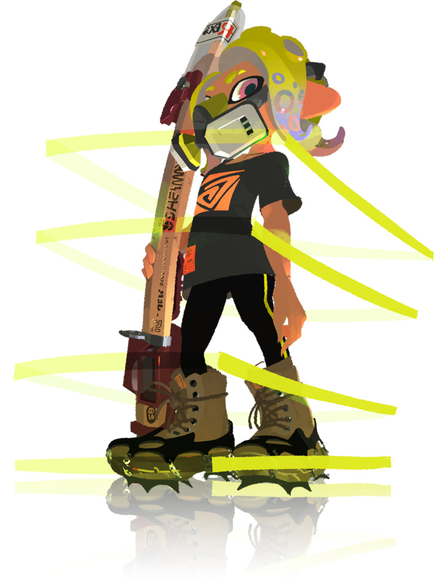 1girl ankle_boots arm_at_side black_leggings black_shirt black_sleeves blonde_hair boots brown_boots collarbone eyebrow_cut fashion gas_mask gun highres holding holding_weapon inoue_seita lace-up_boots leather leather_boots leggings legs_apart logo_print looking_at_viewer mask monster_girl nintendo no_lineart octoling octoling_girl octoling_player_character official_art pink_eyes print_shirt reflection rifle scylla second-party_source shirt simple_background single_vertical_stripe sniper_rifle snipewriter_5b_(splatoon) solo spiked_boots splat_zones_(splatoon) splatoon_(series) splatoon_3 standing t-shirt tentacle_hair transparent_background vertical-striped_leggings weapon