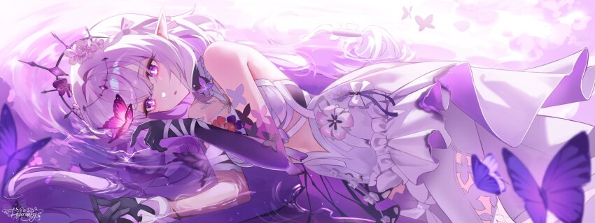 1girl asymmetrical_gloves bare_shoulders black_tiara bright_pupils bug butterfly castorice_(honkai:_star_rail) dalmyang dress elbow_gloves gloves highres honkai:_star_rail honkai_(series) insect legwear_cutout long_hair looking_at_viewer lying on_side pantyhose parted_lips pointy_ears purple_butterfly purple_eyes purple_gloves purple_hair signature solo tiara uneven_gloves water white_dress white_pantyhose white_pupils