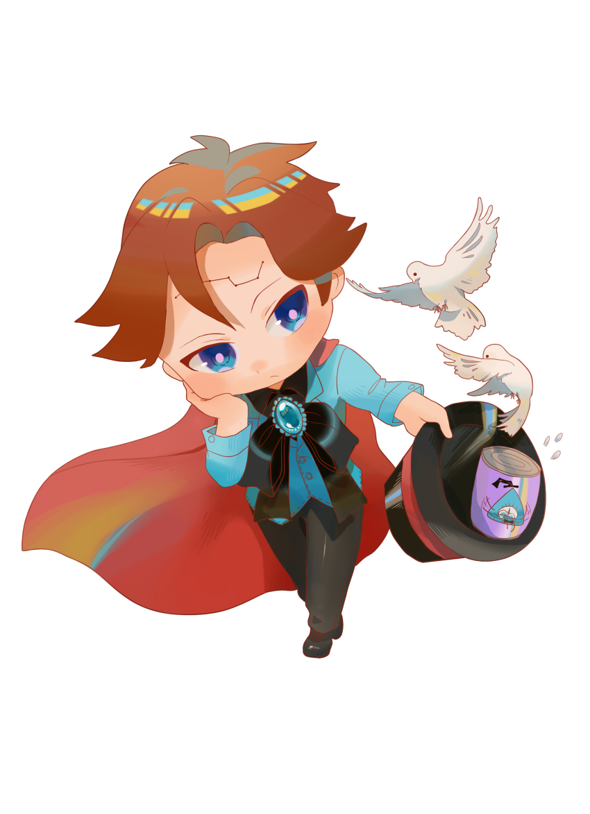 1boy absurdres aqua_eyes aqua_vest ascot bill_cipher bird brooch brown_hair can canned_food cape chibi collared_shirt dark_persona dipper_gleeful dipper_pines dove edenfox facial_mark forehead_mark formal_clothes gem glowing_jewelry gravity_falls highres jewelry magician&#039;s_hat shirt swept_bangs vest will_cipher