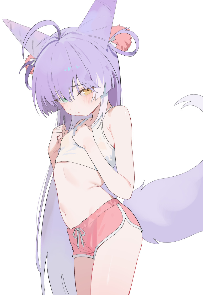 1girl absurdres ahoge bare_arms bare_shoulders blue_eyes cone_hair_bun cowboy_shot crop_top dolphin_shorts drawstring flat_chest fox_tail hair_bun hair_ornament hair_rings heterochromia highres loli long_hair looking_at_viewer midriff multicolored_hair navel nbee_ya pink_shorts pom_pom_(clothes) pom_pom_hair_ornament purple_hair shirt short_shorts shorts simple_background sleeveless sleeveless_shirt solo stellive stomach streaked_hair tail tenko_shibuki thighs very_long_hair virtual_youtuber white_background white_shirt yellow_eyes