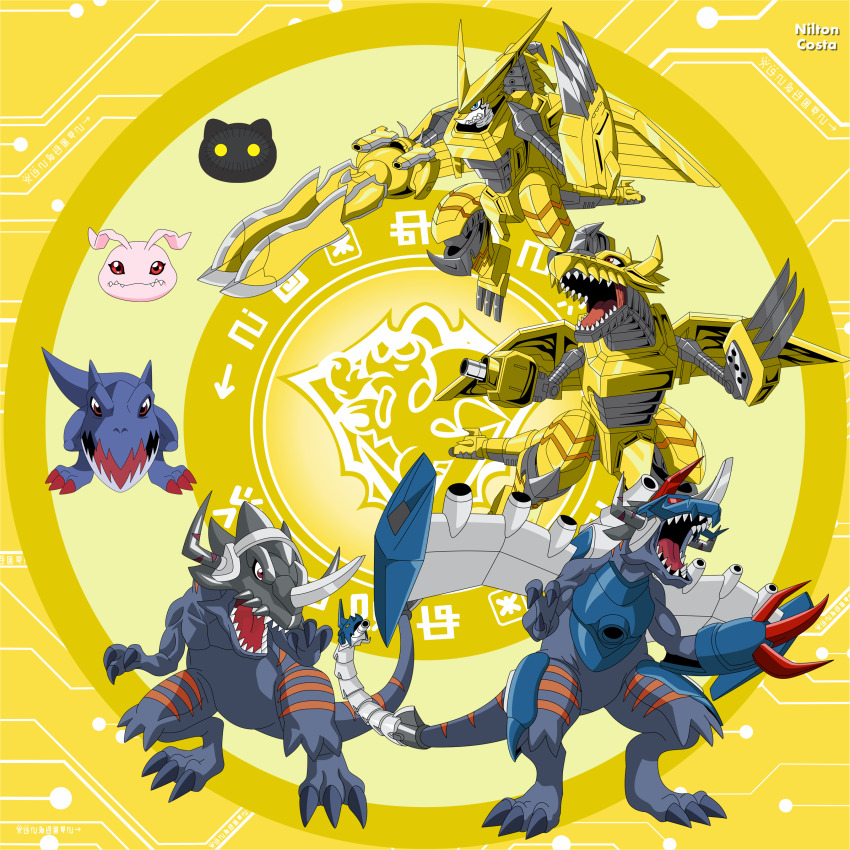 botamon digimon digimon_(creature) evolutionary_line gaossmon greymon_(digimon_xros_wars) highres koromon metalgreymon_(digimon_xros_wars) sharp_teeth shoutmon_dx teeth tongue zekegreymon
