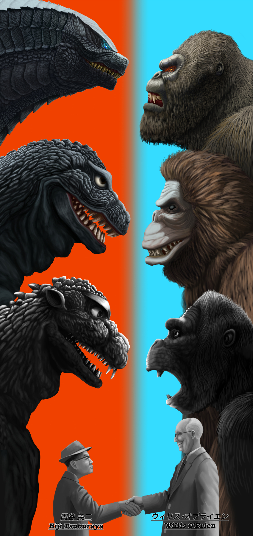 2boys absurdres amanatto angry ape bald_spot blue_eyes business_suit crossover dinosaur ears english_text fangs formal_clothes giant giant_monster gills glasses glowing glowing_eyes godzilla godzilla_(1954) godzilla_(series) godzilla_vs._kong gorilla handshake hat highres japanese_text kaiju king_kong king_kong_(1933) king_kong_(series) king_kong_vs._godzilla kong_(monsterverse) legendary_pictures long_image monster monsterverse multiple_boys necktie no_pupils open_mouth orange_eyes rko_radio_pictures roaring sea_monster sharp_teeth smile spikes suit tall_image teeth toho tsuburaya_eiji warner_bros willis_harold_o&#039;brien yellow_eyes