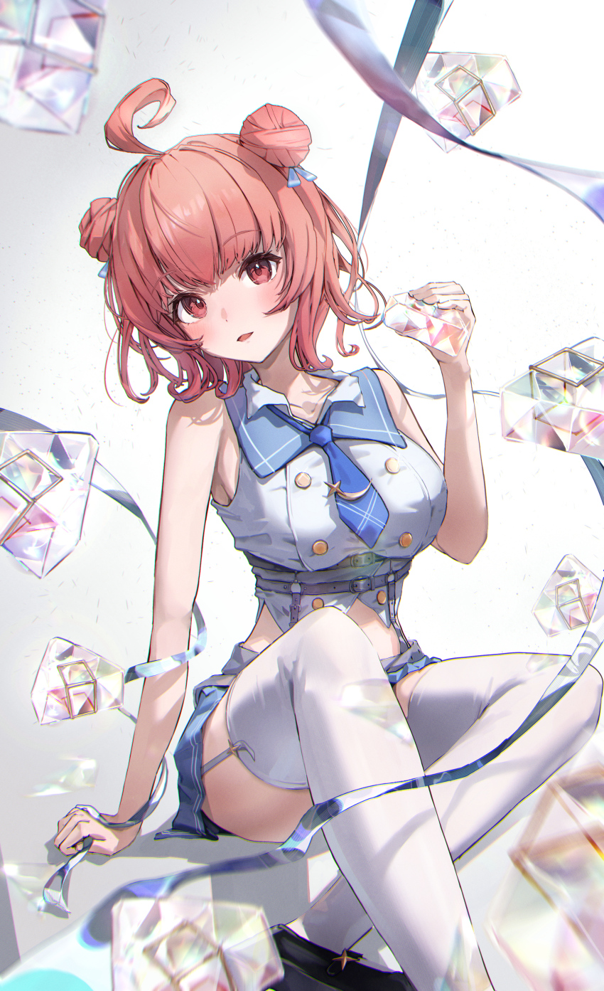 1girl absurdres ahoge black_skirt blue_necktie blurry blush breasts commentary_request crop_top depth_of_field diamond_(gemstone) double_bun food_print hair_bun highres large_breasts looking_at_viewer midriff miniskirt muchi2p necktie onigiri_print open_mouth pink_hair red_eyes shirt short_necktie silver_ribbon simple_background sitting skirt smile solo virtual_youtuber vspo! white_shirt yumeno_akari
