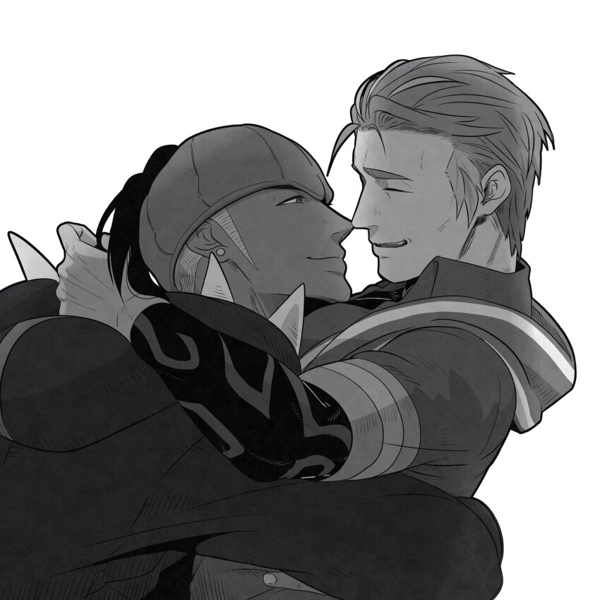 2boys arm_around_shoulder closed_eyes collared_shirt commentary_request dark-skinned_male dark_skin from_side greyscale headband highres hood hood_down hoodie hug kabu_(pokemon) long_sleeves looking_at_another male_focus monochrome multiple_boys nintendo parted_lips pokemon pokemon_swsh raihan_(pokemon) shirt short_hair sideburns simple_background smile vuoeou white_background wing_collar yaoi