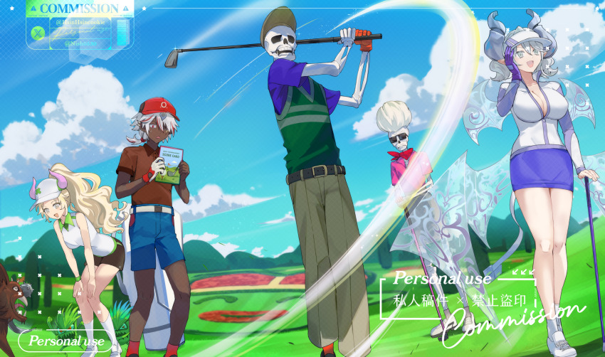 2boys 3girls albaz_(yu-gi-oh!) belt black_belt blonde_hair blue_gloves blue_shirt blue_shorts blue_skirt book boots breasts brown_shirt cleavage commission demon_girl demon_horns demon_tail demon_wings duel_monster ecclesia_(yu-gi-oh!) fallen_of_albaz full_body gloves golf golf_club golf_course grey_eyes grey_hair hair_over_one_eye hands_on_own_knees hat highres holding holding_book holding_golf_club horns hsin incredible_ecclesia_the_virtuous lady_labrynth_of_the_silver_castle large_breasts long_sleeves lovely_labrynth_of_the_silver_castle medium_breasts multiple_boys multiple_girls open_mouth pants pink_shirt pointy_ears ponytail red_gloves red_hat shirt short_shorts short_sleeves shorts skeletal_arm skeletal_hand skeleton skirt skull skull_servant smile socks sunglasses tail the_lady_in_wight thighs transparent_wings white_boots white_gloves white_hair white_socks wings yu-gi-oh!