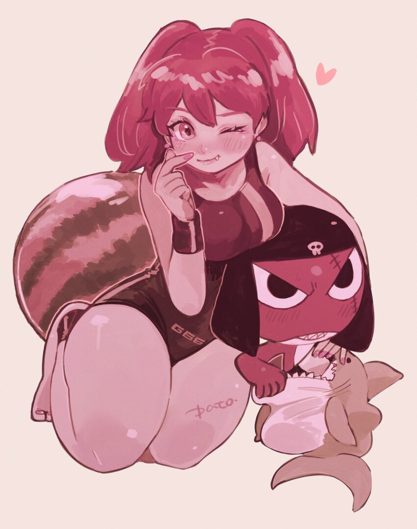 1boy 1girl animal_costume anklet arm_around_shoulder barefoot blush breast_rest breasts breasts_on_head dressing earrings fang finger_heart food frog fruit giroro hat heart highres hinata_natsumi ice_nomu jewelry keroro_gunsou kneeling looking_at_viewer medium_breasts monochrome nail_polish one-piece_swimsuit one_eye_closed pink_theme scar scar_on_face shark_costume sharp_teeth signature skull_print smile sweatdrop swimsuit teeth toenail_polish toenails twintails watermelon wristband