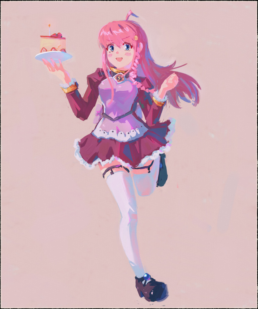 1girl :d absurdres ahoge black_shoes blue_eyes blush braid cake cake_slice drawfag food full_body hair_ornament hand_up highres long_hair nono_(top_wo_nerae_2!) open_mouth pink_hair red_skirt running shoes sidelocks simple_background skirt smile solo thighhighs top_wo_nerae!_(series) top_wo_nerae_2! white_thighhighs
