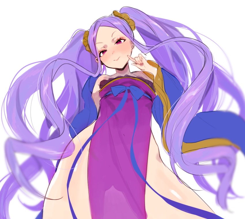 1girl bad_id bad_pixiv_id blush fate/grand_order fate_(series) female_focus finger_to_face gluteal_fold long_hair looking_at_viewer looking_down nito_(siccarol) pelvic_curtain purple_hair red_eyes see-through_clothes solo thighs twintails very_long_hair wu_zetian_(fate) wu_zetian_(first_ascension)_(fate)