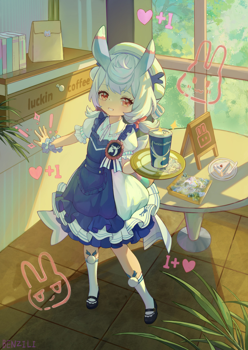 1girl animal_ears artist_name benzi_li black_shoes blue_dress book cafe cake cake_slice commentary_request cup disposable_coffee_cup disposable_cup dress food full_body genshin_impact grin hat heart highres holding holding_plate indoors kneehighs layered_dress long_hair looking_at_viewer low_twintails mary_janes official_alternate_costume plant plate red_eyes scrunchie shoes short_sleeves sigewinne_(genshin_impact) sigewinne_(luckin_coffee)_(genshin_impact) smile socks solo table tile_floor tiles twintails waitress white_dress white_hair white_hat white_socks window wrist_scrunchie