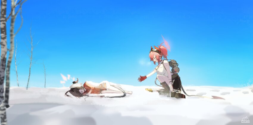 2girls absurdres ahoge bag barefoot black_hair black_skirt blue_archive demon_girl demon_horns demon_tail flamethrower gloves hair_between_eyes hair_over_one_eye highres holding holding_bag horns kasumi_(blue_archive) long_hair looking_at_another lying megu_(blue_archive) multiple_girls norio_(norio386) on_side ponytail reaching reaching_towards_another red_gloves red_hair red_shirt shirt sidelocks skirt sleeveless squatting tail weapon white_gloves white_shirt wristband
