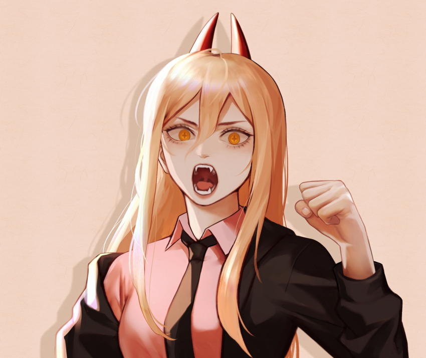 1girl black_jacket black_necktie blonde_hair breasts chainsaw_man clenched_hand commentary cross-shaped_pupils czy_(2894456992) fangs hair_between_eyes highres horns jacket long_hair medium_breasts necktie open_mouth orange_eyes power_(chainsaw_man) red_horns sidelocks solo symbol-shaped_pupils upper_body