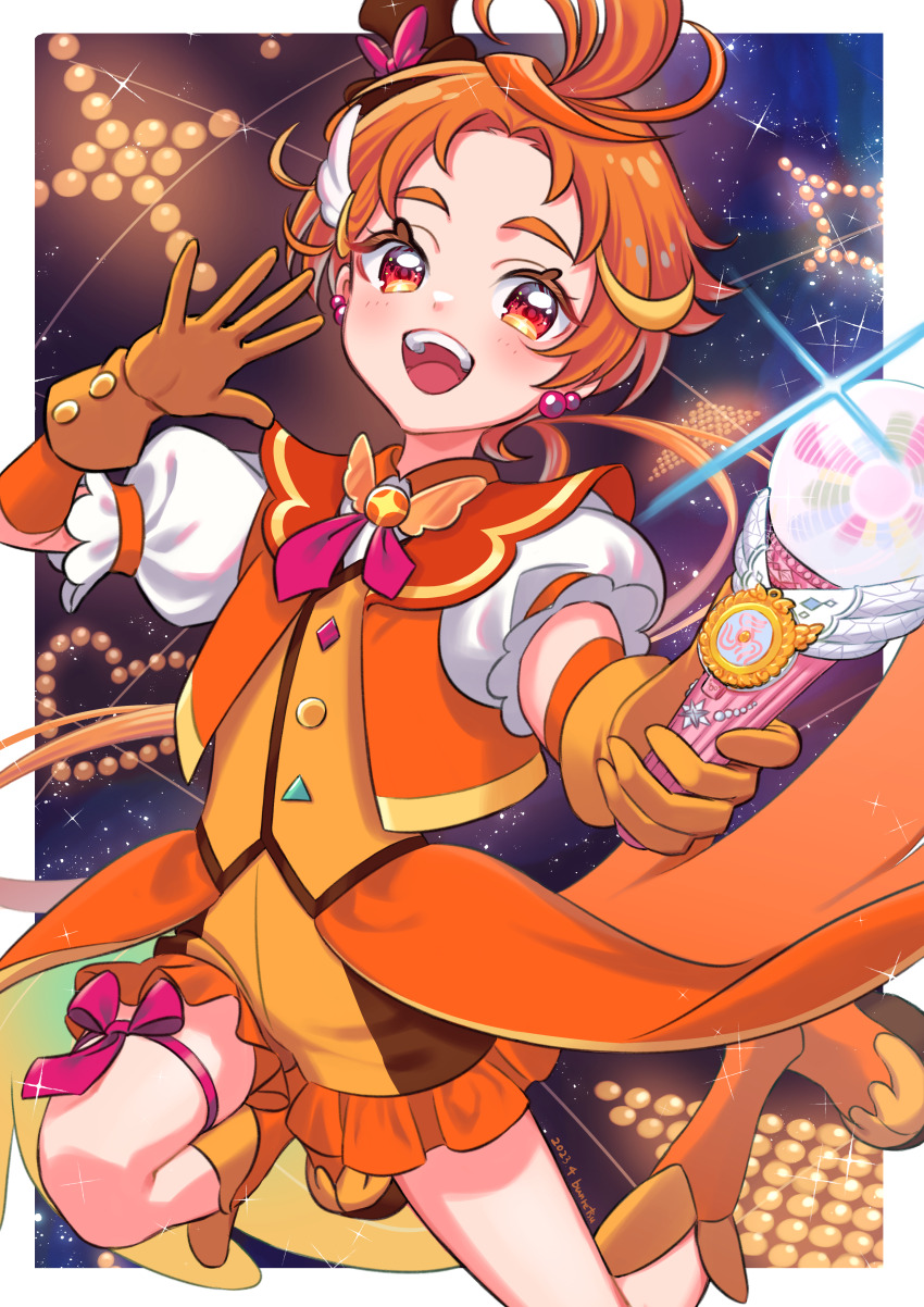 1boy absurdres ahoge artist_name boots brooch bun_(jewd5385) coattails collared_shirt commentary cure_wing dated earrings feather_hair_ornament feathers frilled_shorts frills gloves hair_ornament hat henshin highres hirogaru_sky!_precure holding jacket jewelry jumping knee_boots knee_up layered_gloves leg_ribbon legs_up long_hair looking_at_viewer magical_boy male_focus mini_hat mini_top_hat open_mouth orange_boots orange_gloves orange_hair orange_jacket orange_shorts orange_vest precure puffy_short_sleeves puffy_sleeves red_eyes red_ribbon ribbon shirt short_shorts short_sleeves shorts signature sky_mirage smile solo sparkle standing thigh_ribbon tilted_headwear top_hat vest white_shirt wing_brooch yuunagi_tsubasa