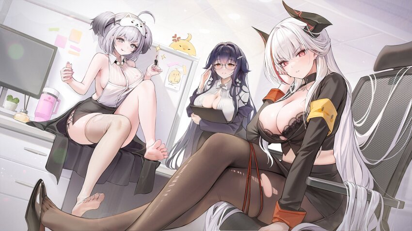 3girls :q admiral_zenker_(azur_lane) admiral_zenker_(fun_with...interrogations?)_(azur_lane) ahoge anger_vein armband azuma_(azur_lane) azuma_(career_counseling_for_the_groom)_(azur_lane) azur_lane black_bra black_hair black_horns black_pantyhose black_shoes black_suit bra breasts chair cleavage clipboard collared_shirt cosmetics crossed_legs eye_mask formal_clothes glasses gradient_hair grey_eyes highres holding holding_clipboard horns lace lace-trimmed_bra lace_trim large_breasts looking_at_viewer manjuu_(azur_lane) mask mask_on_head monitor multicolored_hair multiple_girls nail_polish_bottle nail_polish_brush office_chair office_lady official_alternate_costume official_art orange_eyes pantyhose red_eyes red_hair red_streaks shirt shoes short_hair single_thighhigh sitting suit swivel_chair thick_eyebrows thighhighs third-party_source tongue tongue_out torn_clothes torn_pantyhose two_side_up underwear white_hair white_shirt yellow_armband z13_(azur_lane) z13_(strategic_date_solution)_(azur_lane)