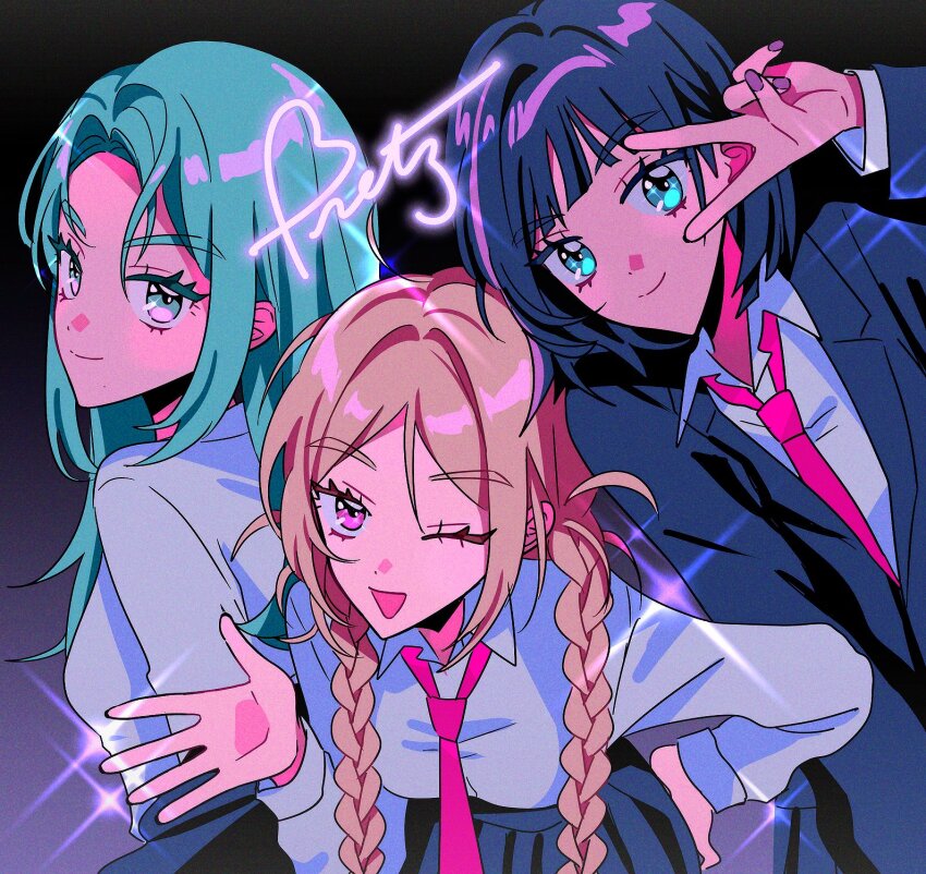 3girls album_cover anime_coloring bilingual_commentary black_collar black_hair black_skirt black_sleeves black_suit blonde_hair blunt_bangs blunt_ends bob_cut braid buttoned_cuffs buttons closed_mouth collar collared_shirt collared_suit colored_inner_hair commentary cover dot_nose english_commentary english_text eyelashes formal_clothes green_eyes green_hair hair_between_eyes hair_intakes hair_over_shoulder hand_on_own_hip hands_on_own_face highres lapels leaning_to_the_side long_hair looking_at_viewer low-braided_long_hair low-tied_long_hair mixed-language_commentary multicolored_eyes multicolored_hair multiple_girls myon_(tokipi) necktie notched_lapels official_art one_eye_closed open_hand open_mouth parted_bangs parted_hair parted_lips pixels pleated_skirt pretzelle purple_eyes purple_hair purple_nails red_necktie school_uniform shirt shirt_tucked_in sidelocks single_hair_streak skirt sparkle sparkling_eyes straight_hair suit thai_commentary thick_eyebrows twin_braids two-tone_eyes two-tone_hair undershirt upper_body v v_over_eye white_collar white_shirt white_sleeve_cuffs white_sleeves white_undershirt wing_collar