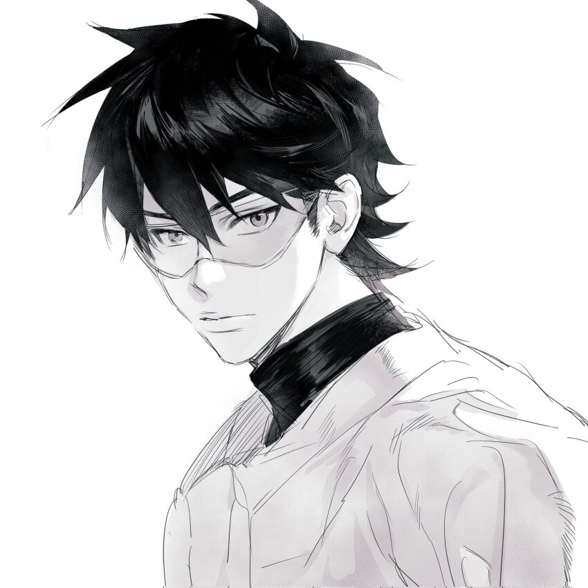 1boy ace_of_diamond closed_mouth goggles greyscale high_collar highres looking_at_viewer male_focus miyuki_kazuya monochrome portrait short_hair simple_background solo sportswear white_background zechengm19