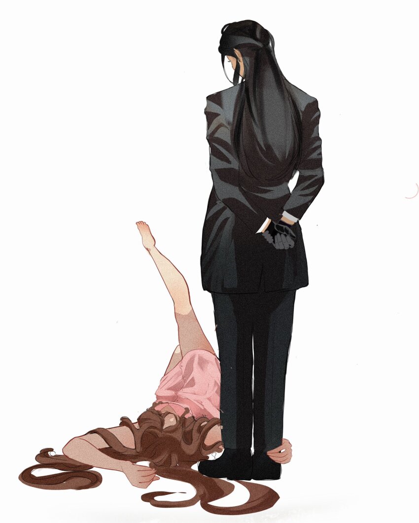 1boy 1girl aerith_gainsborough arms_behind_back banditsecrets bare_arms barefoot black_gloves black_hair black_jacket black_pants black_shoes black_suit brown_hair dress final_fantasy final_fantasy_vii foot_up formal_clothes full_body gloves hair_pulled_back hand_on_another&#039;s_foot highres jacket long_hair looking_at_another lying on_back own_hands_clasped own_hands_together pants pink_dress shoes sidelocks standing suit suit_jacket tseng white_background