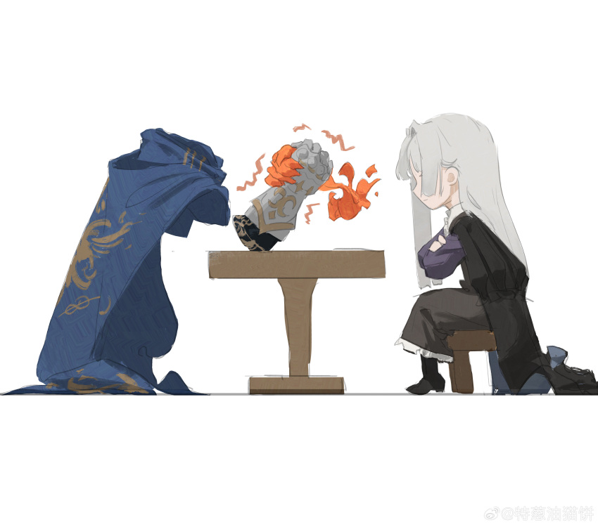 1boy 1girl a_knight_(reverse:1999) absurdres arm_wrestling armor black_cape black_footwear blue_cape brown_dress cape chibi covered_eyes crossed_arms dikke_(reverse:1999) disembodied_hand dress from_side gauntlets grey_hair hair_over_eyes highres holding_hands invisible long_hair long_sleeves on_stool ornate_armor profile purple_sleeves reverse:1999 sitting straight_hair table watermark weibo_watermark white_background yetecong