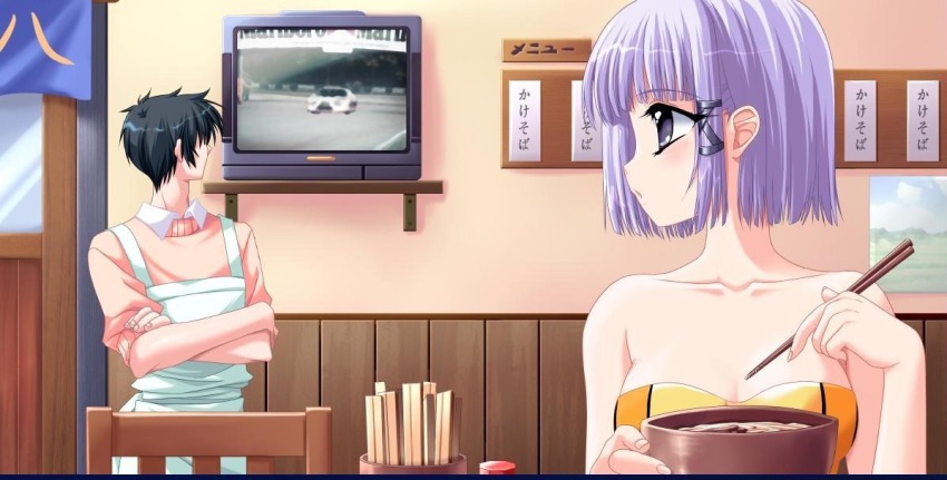 1boy 1girl bowl chopsticks downhill_night emily_(pure_dream) food game_cg lily_tail noodles purple_eyes purple_hair short_hair television top_(company)
