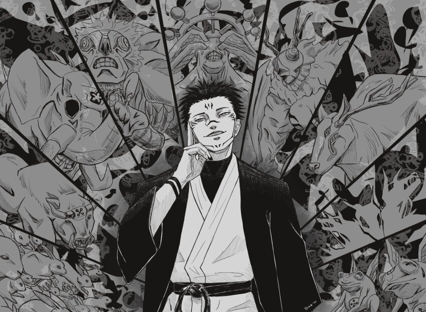 1boy arm_tattoo black_hair black_nails bull chimera_beast_agito_(jujutsu_kaisen) deer elephant facial_mark facial_tattoo forehead forehead_mark frog fushiguro_megumi highres jujutsu_kaisen khuu-su mahoraga_(jujutsu_kaisen) monochrome monster nue_(jujutsu_kaisen) rabbit ryoumen_sukuna_(jujutsu_kaisen) shikigami smirk spoilers tattoo upper_body wheel_of_dharma