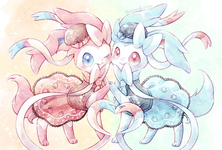 animal_focus blue_dress blue_eyes blue_hat blush closed_mouth clothed_pokemon dress gen_6_pokemon hat highres looking_at_viewer nintendo no_humans one_eye_closed pink_dress pink_eyes pink_hat pokemon pokemon_(creature) remedy_matome smile standing sylveon