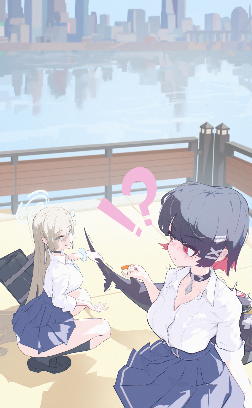 !? 2girls absurdres asuna_(blue_archive) asuna_(school_uniform)_(blue_archive) blue_archive blue_halo blush candy cityscape crossover ellen_joe fins fish_tail food grabbing_another&#039;s_tail hair_over_one_eye halo highres holding holding_candy holding_food kneeling lollipop mole mole_under_eye multiple_girls panties rimeye river school_uniform shark_girl shark_tail surprised tail underwear white_panties zenless_zone_zero