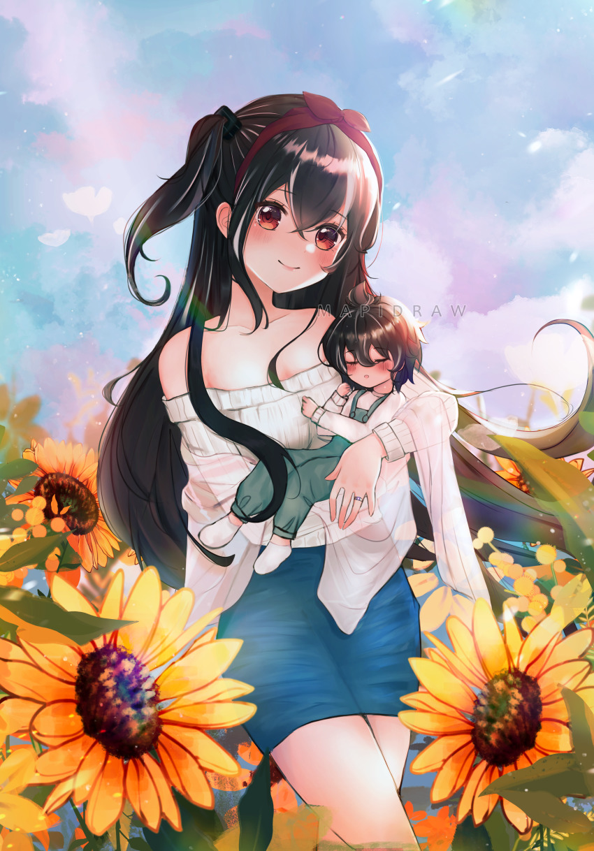 2girls absurdres artist_name azur_lane baby bare_shoulders black_hair blue_skirt blush bow breasts brown_hair cloud collarbone crossed_bangs flower hair_between_eyes hair_bow highres jewelry long_sleeves looking_at_viewer mapidraw medium_breasts mother_and_daughter multiple_girls off_shoulder overalls pencil_skirt red_eyes ring see-through_clothes shirt short_hair side_ponytail sidelocks size_difference skirt sky socks strapless strapless_shirt sunflower u-47_(azur_lane)