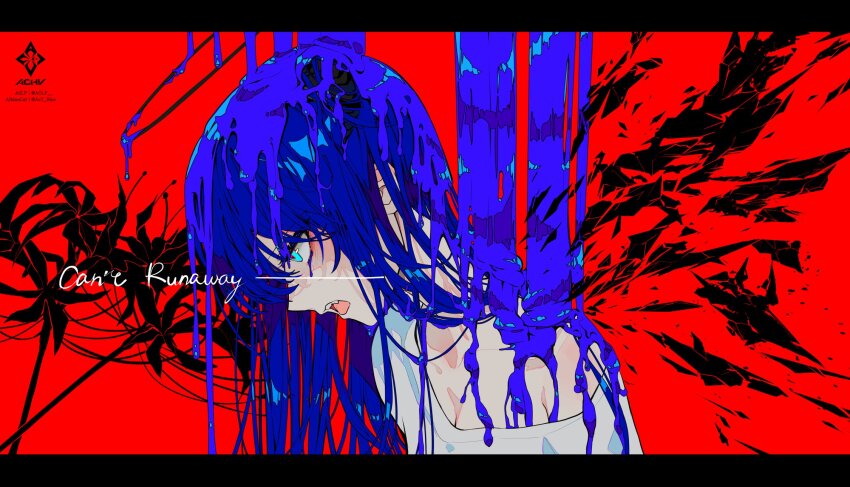 1girl a0lp arknights artist_logo black_halo blue_eyes blue_hair breasts cleavage collarbone commentary english_commentary halo highres letterboxed logo long_hair mostima_(arknights) open_mouth paint portrait profile red_background revision simple_background solo surreal teeth twitter_username upper_teeth_only