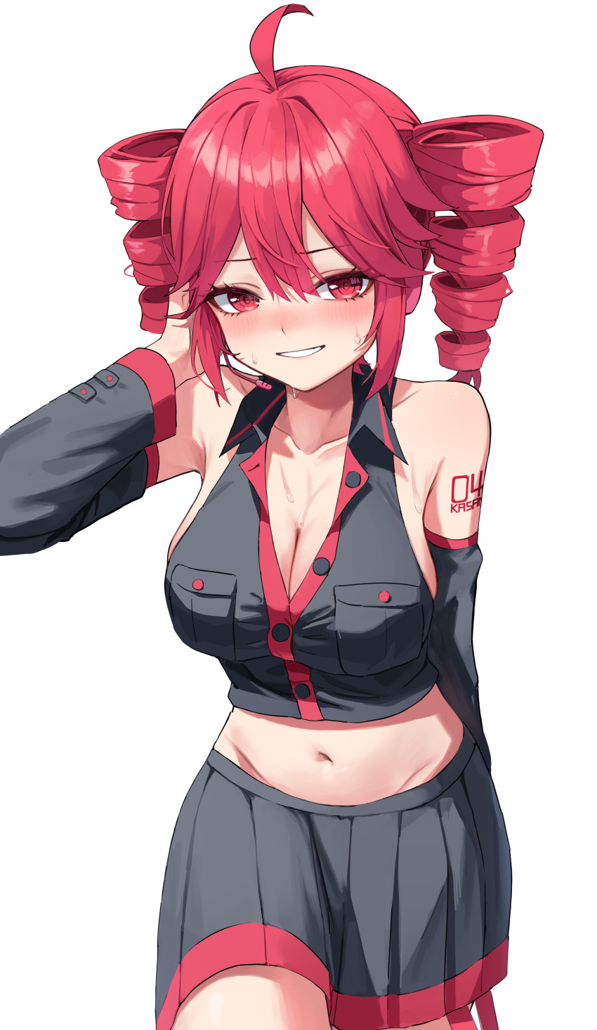 1girl absurdres black_shirt black_skirt black_sleeves blush breast_pocket breasts cleavage collared_shirt commentary cowboy_shot detached_sleeves drill_hair hair_between_eyes highres hu2924 kasane_teto kasane_teto_(utau) large_breasts miniskirt navel open_collar pleated_skirt pocket red_eyes red_hair red_trim shirt simple_background skirt sleeveless sleeveless_shirt smile solo sweat twin_drills utau white_background