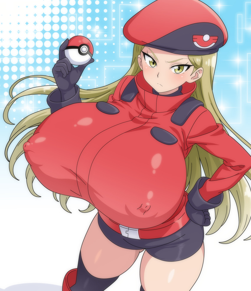 1girl absurdres beret bike_shorts black_gloves blonde_hair breasts commentary_request covered_erect_nipples female_focus gigantic_breasts gloves gluteal_fold hat highres hitokiwa_kenchin holding holding_poke_ball impossible_clothes jacket long_hair looking_at_viewer matching_hair/eyes nintendo npc_trainer poke_ball poke_ball_(basic) pokemon pokemon_ranger_(pokemon) pokemon_xy red_jacket scowl solo standing thick_thighs thigh_gap thighs very_long_hair yellow_eyes