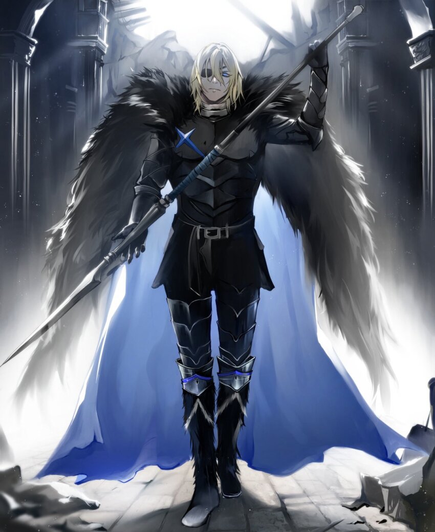 1boy arm_up armor armored_legwear belt belt_buckle black_armor black_belt black_boots black_fur blonde_hair blue_cape blue_eyes boots breastplate buckle cape dimitri_alexandre_blaiddyd dimitri_alexandre_blaiddyd_(timeskip) eyepatch faulds fire_emblem fire_emblem:_three_houses full_body fur-trimmed_boots fur_trim hair_between_eyes highres holding holding_polearm holding_weapon light_rays looking_ahead male_focus nintendo one_eye_covered pillar polearm rubble solo standing sunbeam sunlight weapon zat_296
