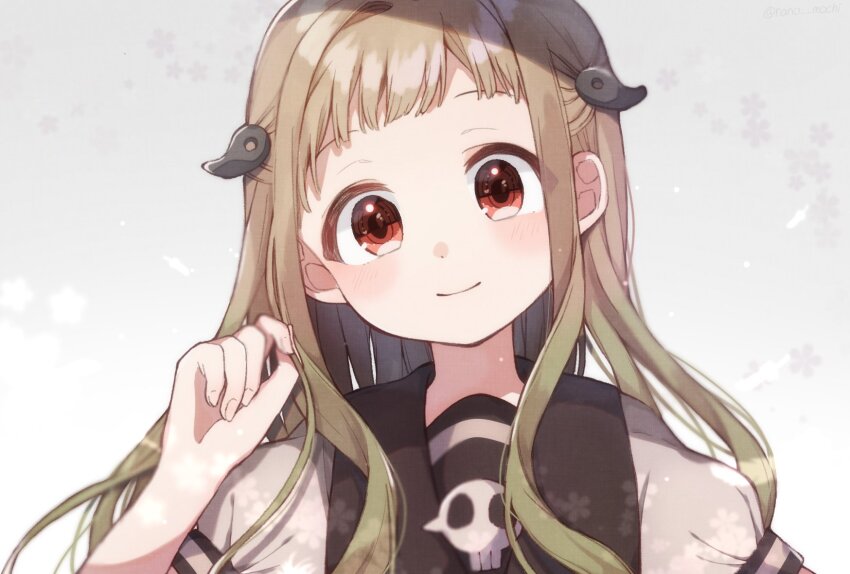 1girl brown_hair closed_mouth fingernails grey_background hair_behind_ear hair_ornament hand_in_own_hair hand_up hashtag-only_commentary head_tilt highres jibaku_shounen_hanako-kun light_particles long_hair looking_at_viewer nano_mochi portrait puffy_short_sleeves puffy_sleeves red_eyes short_sleeves sidelocks simple_background skull_brooch smile solo straight-on yashiro_nene