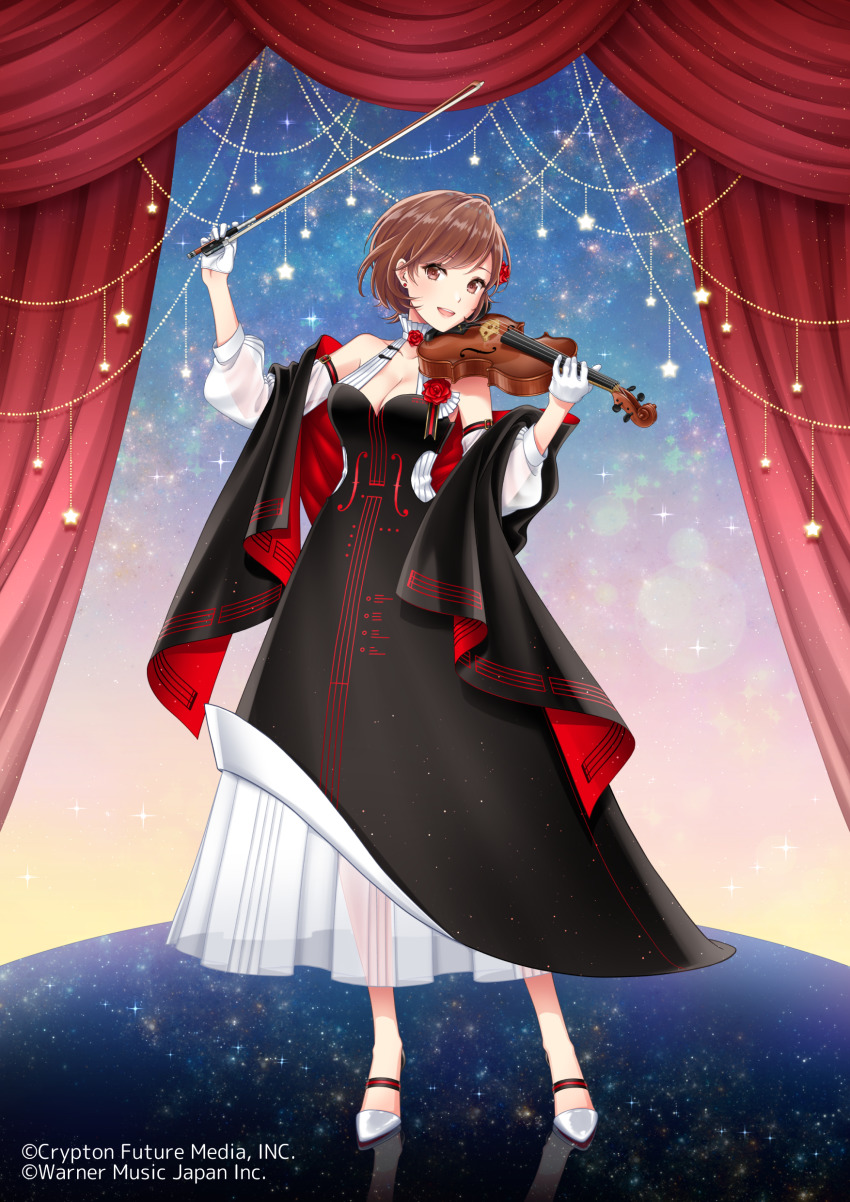 1girl :d absurdres bare_shoulders beads belt black_dress breasts brown_eyes brown_hair cleavage company_name copyright_notice curtains detached_sleeves dress female_focus flower gloves grey_footwear hair_flower hair_ornament half_gloves highres holding holding_instrument holding_violin instrument kirita_asami looking_at_viewer medium_breasts meiko_(vocaloid) miku_symphony_(vocaloid) open_mouth red_flower red_rose reflective_floor rose see-through_clothes shawl short_hair smile solo standing star_(symbol) violin vocaloid white_gloves