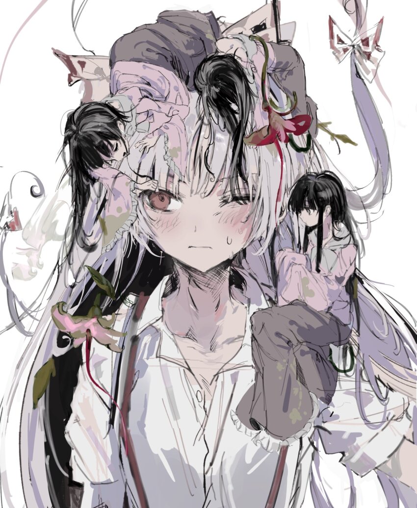 black_hair blush bow closed_mouth frills fujiwara_no_mokou full_body grey_skirt hair_bow hair_ribbon highres houraisan_kaguya long_hair long_sleeves mini_person mini_person_on_head mini_person_on_shoulder one_eye_closed pink_shirt red_eyes ribbon sesmkun shirt short_sleeves skirt touhou upper_body very_long_hair white_background white_hair white_shirt