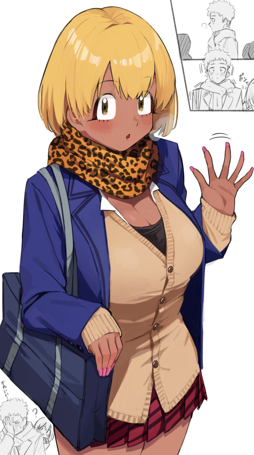 1boy 1girl :o absurdres animal_print ayatak0517 bag blazer blonde_hair blue_jacket blush breasts breath brown_cardigan cardigan cleavage commentary_request fingernails gyaru highres inset jacket kogal komi-san_wa_komyushou_desu large_breasts leopard_print long_sleeves looking_at_another manbagi_rumiko miniskirt nail_polish partially_colored pleated_skirt print_scarf red_skirt scarf school_bag school_swimsuit school_uniform short_hair simple_background skirt swimsuit tan wakai_taketoshi waving_hands white_background
