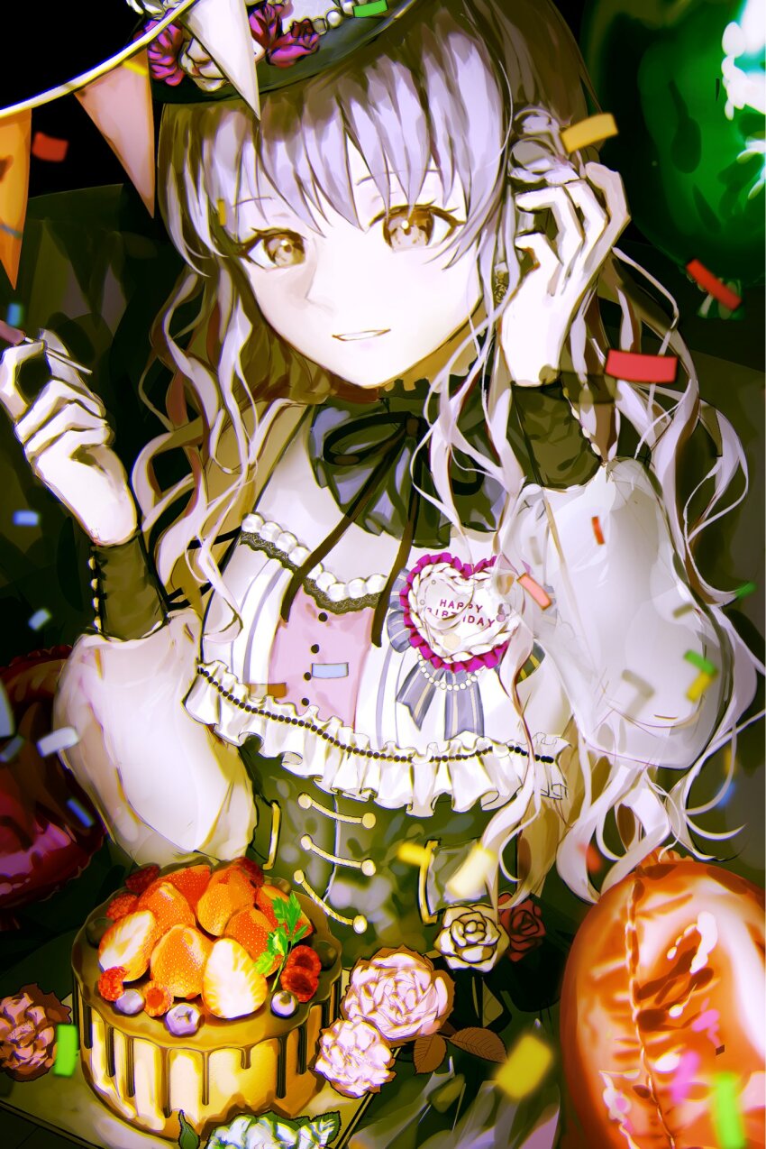 1girl balloon bang_dream! birthday_cake black_corset breasts cake confetti corset flower food fruit grey_hair happy_birthday heart highres kkyu_(c3215xz) long_hair long_sleeves minato_yukina official_alternate_costume rose small_breasts solo strawberry upper_body yellow_eyes