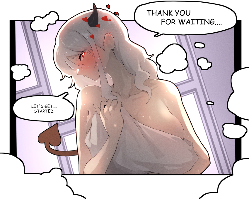1girl absurdres breasts english_text heart helltaker highres horn large_breasts long_hair modeus_(helltaker) ohako_(ohako1818) towel white_hair