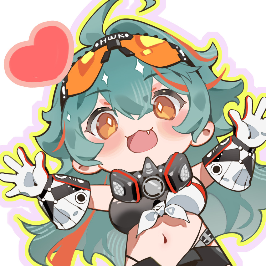 1girl absurdres ahoge artist_request chibi chibi_only chinese_commentary fang gas_mask girls&#039;_frontline girls&#039;_frontline_neural_cloud goggles goggles_on_head green_hair havoc_(neural_cloud) heart highres mask midriff navel official_art open_mouth orange_eyes outstretched_arms second-party_source solo sparkling_eyes