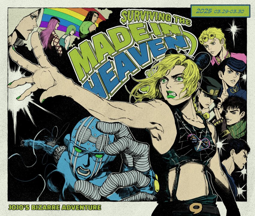 3girls 6+boys adjusting_clothes adjusting_headwear anchor_symbol battle_tendency black_hair blonde_hair braid braided_ponytail breasts bun_with_braided_base commentary_request copyright_name diamond_wa_kudakenai double_bun dreadlocks ermes_costello fingerless_gloves fishnet_top fishnets foo_fighters_(jojo) foreshortening gakuran giorno_giovanna gloves green_eyes green_hair green_nails green_scarf hair_bun hat higashikata_josuke highres jojo_no_kimyou_na_bouken jonathan_joestar joseph_joestar joseph_joestar_(young) kimeohandream kuujou_jolyne kuujou_joutarou long_hair multicolored_hair multiple_boys multiple_girls narciso_anasui no_navel phantom_blood pompadour scarf school_uniform second-party_source shirt short_hair small_breasts smile stand_(jojo) stardust_crusaders stone_free stone_ocean striped_clothes striped_shirt two-tone_hair vento_aureo weather_report