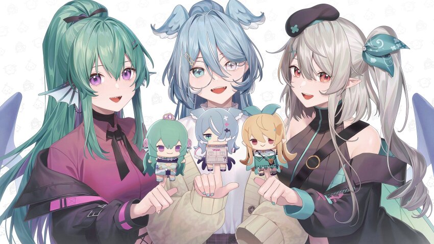 3girls beret black_headwear black_jacket black_neckerchief blonde_hair blue_eyes blue_hair blue_nails blue_wings brown_cardigan cardigan character_doll collared_shirt commentary cross-laced_clothes cross-laced_sleeves elira_pendora elira_pendora_(1st_costume) elira_pendora_(3rd_costume) fairy_wings fin_piercing finana_ryugu finana_ryugu_(1st_costume) finana_ryugu_(3rd_costume) fins fish_girl glasses green_hair grey_hair hair_ornament hairclip hat head_fins head_wings heterochromia highres jacket lazulight long_hair multiple_girls neckerchief nijisanji nijisanji_en official_alternate_hair_color official_alternate_hairstyle one_side_up open_cardigan open_clothes orange_eyes pointy_ears pomu_rainpuff pomu_rainpuff_(1st_costume) pomu_rainpuff_(3rd_costume) purple_eyes purple_shirt ribbed_cardigan ribbed_jacket round_eyewear sharp_teeth shirt smile symbol-only_commentary teeth turtleneck virtual_youtuber wenz wings x_hair_ornament