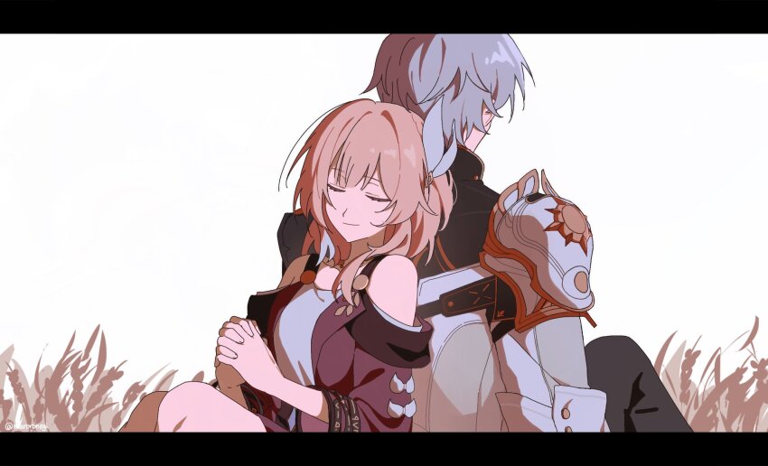 1boy 1girl armor back-to-back breasts closed_eyes coat cyrene_(honkai:_star_rail) dress hair_ornament hashtag-only_commentary highres honkai:_star_rail honkai_(series) letterboxed maroronegi medium_hair multicolored_hair outdoors pauldrons phainon_(honkai:_star_rail) pink_hair purple_coat short_hair shoulder_armor single_pauldron sitting small_breasts smile two-tone_hair wheat wheat_field white_coat white_dress white_hair