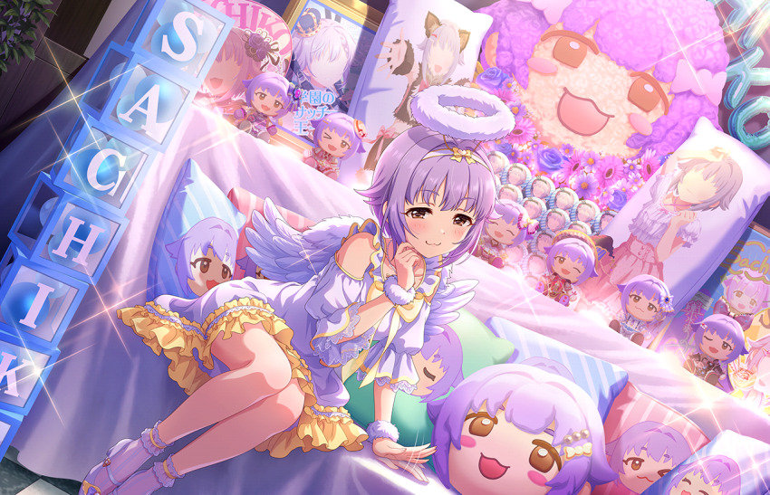 :3 animal_ears block_(object) bow chibi closed_eyes dakimakura_(object) detached_sleeves doll dress english_text faceless feathered_wings flower game_cg hairband halo high-waist_skirt high_heels idolmaster idolmaster_cinderella_girls idolmaster_cinderella_girls_starlight_stage koshimizu_sachiko leaf motion_blur official_art one_eye_closed open_mouth pillow purple_eyes sitting skirt white_dress wings yellow_eyes