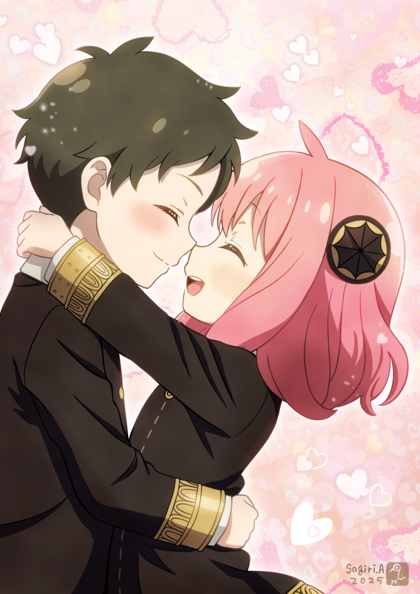 1boy 1girl ^_^ ahoge anya_(spy_x_family) arms_around_neck artist_name asukamama89 black_dress black_jacket blush brown_hair buttons child closed_eyes closed_mouth collared_shirt commentary damian_desmond dress eden_academy_school_uniform facing_another from_side gold_buttons gold_trim hairpods heart heart_background hetero highres holding_hands hug jacket long_sleeves medium_hair neck_ribbon open_mouth pink_background pink_hair red_ribbon ribbon school_uniform shirt short_hair sleeve_cuffs smile split_mouth spy_x_family teeth upper_body upper_teeth_only white_shirt