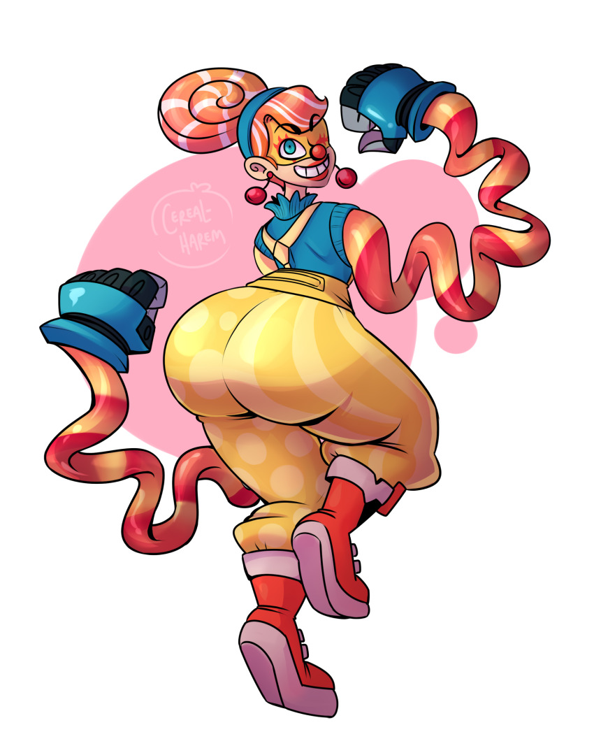 1girl arms_(game) artist_name ass baggy_pants blue_eyes cerealharem clown clown_girl clown_nose earrings hairband highres huge_ass jewelry lola_pop looking_back mask multicolored_hair nintendo one_eye_closed pants red_nose smile suspenders thick_thighs thighs wink