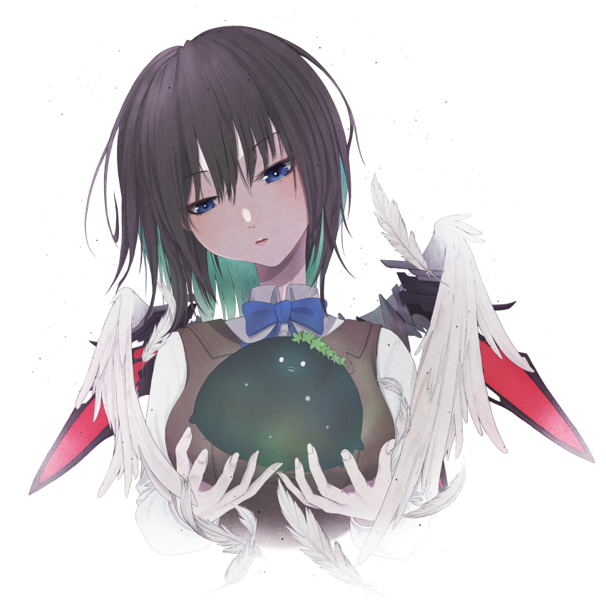 1girl absurdres angel_wings aoi_erika black_hair blue_bow blue_bowtie blue_eyes bow bowtie breasts brown_hair brown_vest collared_shirt colored_inner_hair creature egg feathered_wings feathers green_hair head_tilt heaven_burns_red highres holding kalin_note long_sleeves looking_down mechanical_wings medium_hair multicolored_hair narby_(heaven_burns_red) parted_lips school_uniform science_fiction shirt short_hair solo two-tone_hair upper_body vest white_shirt white_wings wings