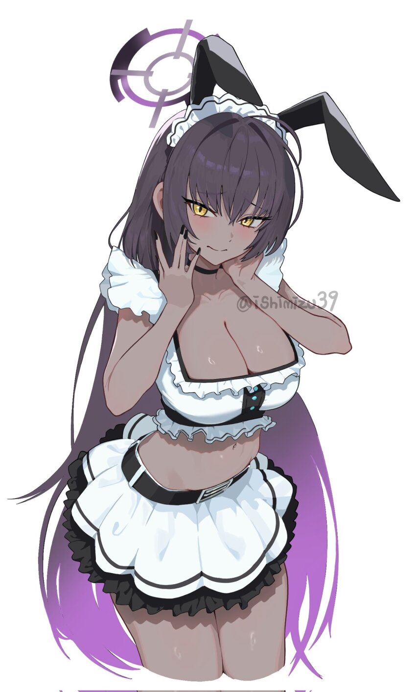 1girl animal_ear_hairband animal_ears black_hair blue_archive blush breasts choker cleavage collarbone dark-skinned_female dark_skin fake_animal_ears frilled_shirt frilled_skirt frills hair_between_eyes hairband halo hand_on_own_head highres jjigong_chigon karin_(blue_archive) large_breasts long_hair looking_at_viewer maid_headdress midriff navel puffy_short_sleeves puffy_sleeves purple_hair purple_halo rabbit_ear_hairband rabbit_ears shirt short_sleeves skirt smile solo thighs very_long_hair white_shirt white_skirt yellow_eyes