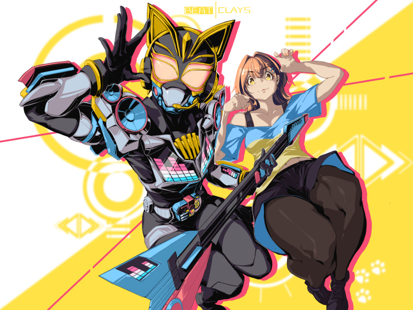 1girl absurdres animal_ears animal_hands axe beat_axe beat_buckle belt black_bodysuit black_shorts black_tank_top bodysuit boots breasts cat_ears cat_paws clays_(clayschan) clenched_hand desire_driver rider_belt dual_persona earpiece glowing glowing_eyes guitar highres holding holding_instrument instrument kamen_rider kamen_rider_geats_(series) kamen_rider_na-go keytar kurama_neon looking_at_viewer lying medium_breasts microphone music off-shoulder_shirt off_shoulder on_back paw_pose pink_eyes playing_instrument raise_buckle shirt shorts sparkle tank_top thick_thighs thighs tokusatsu two-tone_background white_background yellow_background